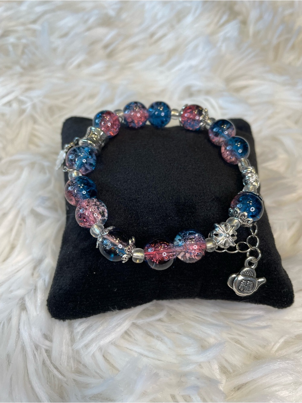 Blue and Pink Crackle Bead Charm Bracelet